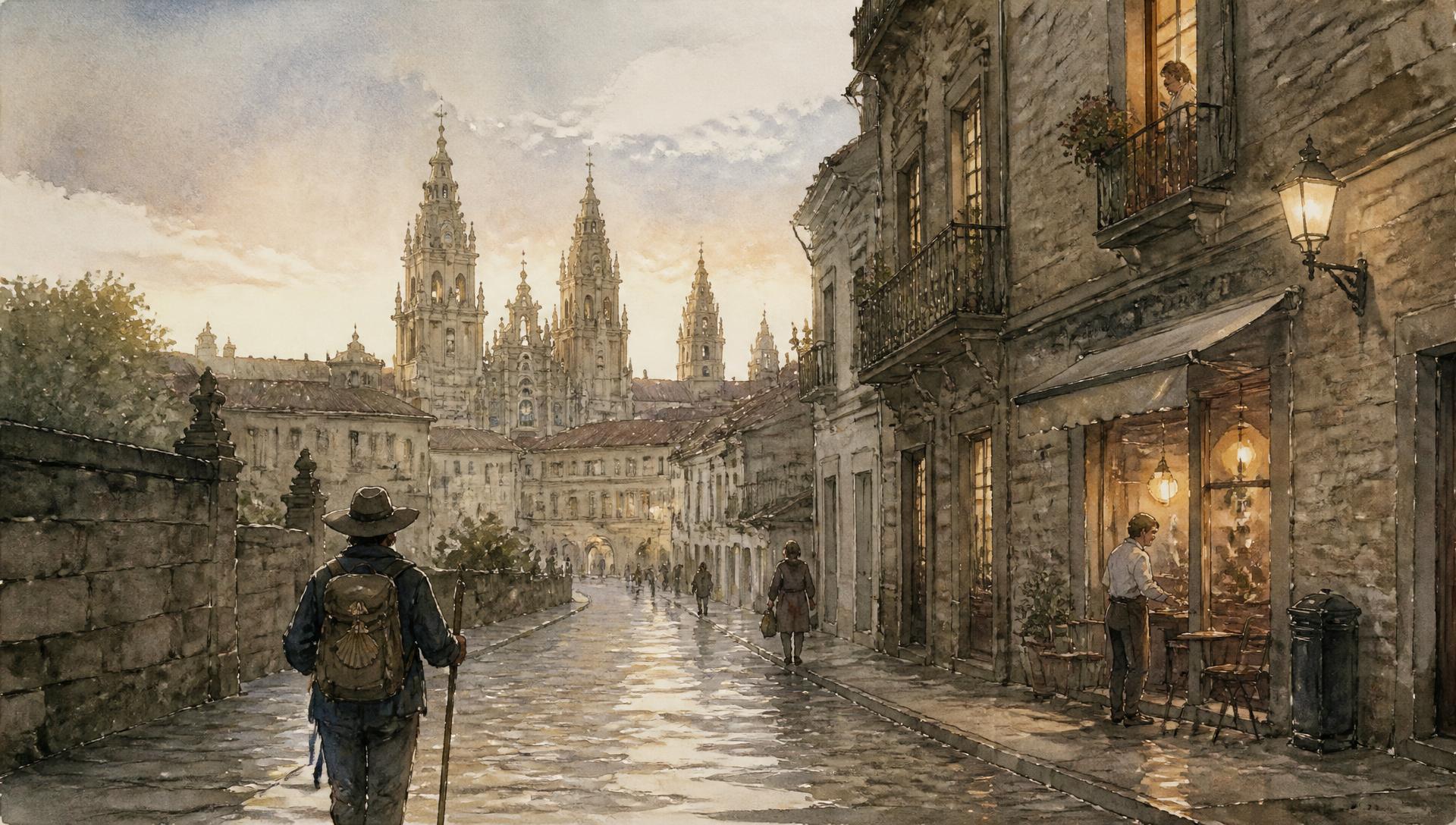 Peregrino entrando en Santiago ao amencer por unha rúa habitada